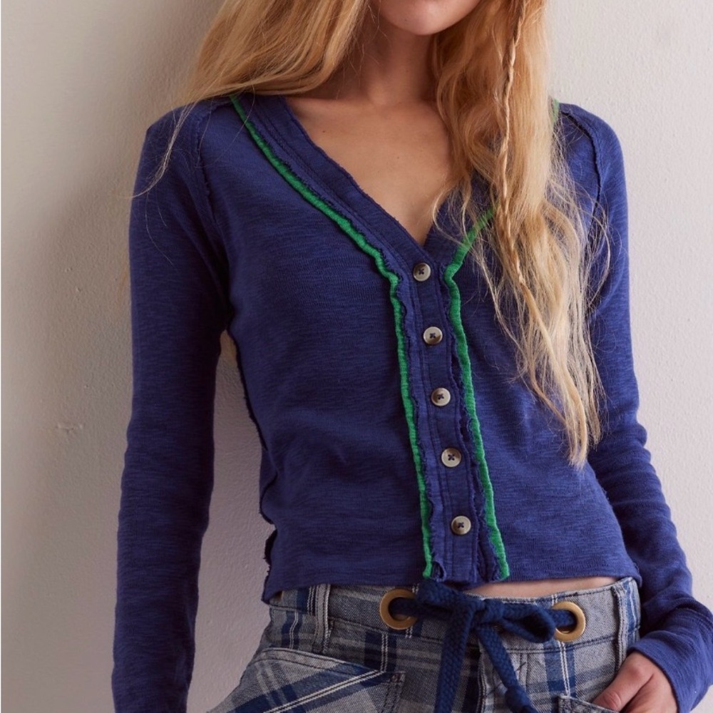 Free People Fitted Blue Tipton Cardigan Sweater Size Large NWOT Msrp $128‎